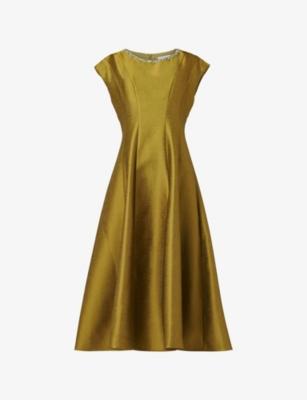 Crystal-Embellished Flared Satin Midi Dress by LEEM