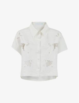 Embroidered-panel short-sleeve cropped cotton-blend shirt by LEEM