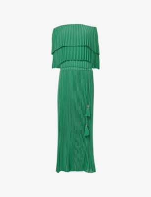 Off-Shoulder Pleat Woven Midi Dress by LEEM