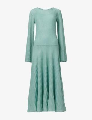 Pleated Bell-Sleeve Metallic-Knit Maxi Dress by LEEM
