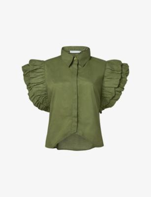Ruffled-Sleeve Notched-Hem Cotton Shirt by LEEM