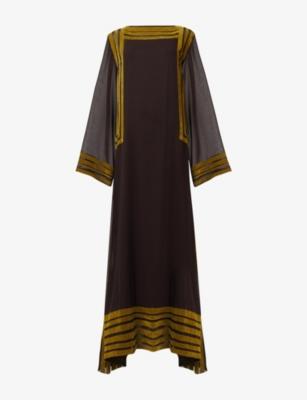 Velvet-Panel Long-Sleeve Woven Maxi Dress by LEEM