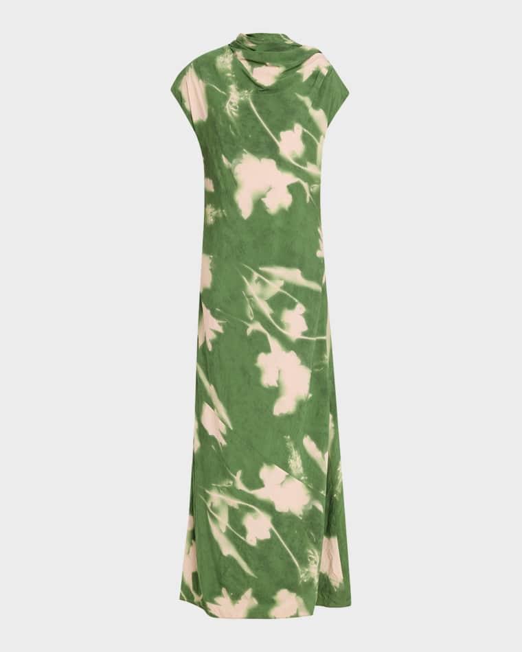 Abstract Floral Crepe A-Line Cap-Sleeve Gown by LELA ROSE