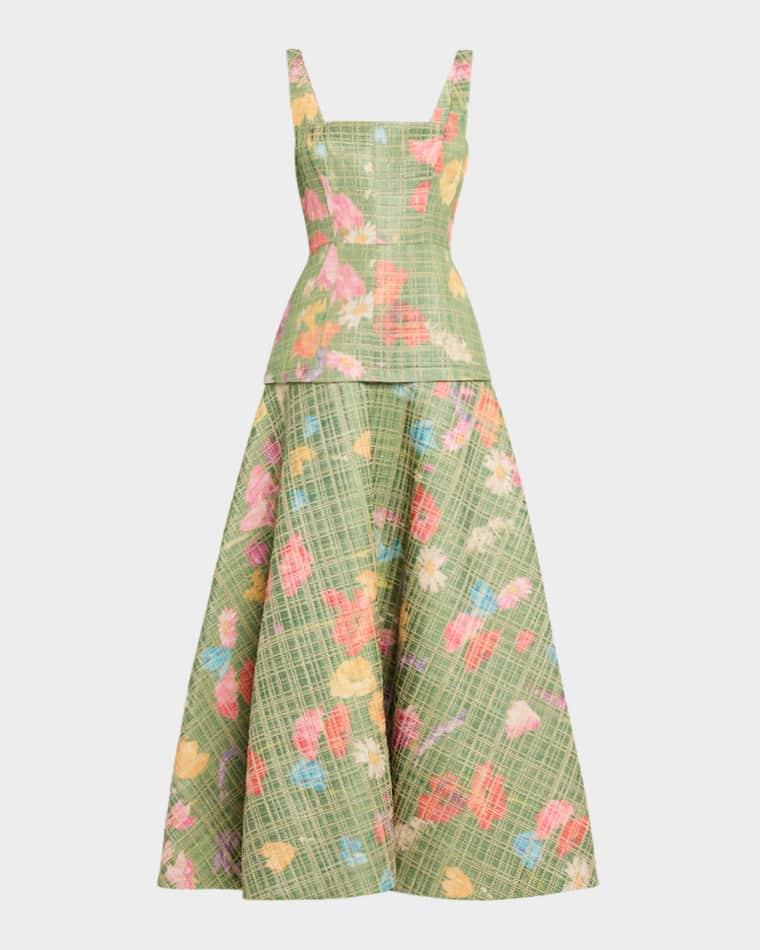 Floral Raffia Drop-Waist Sleeveless Ankle Dress by LELA ROSE