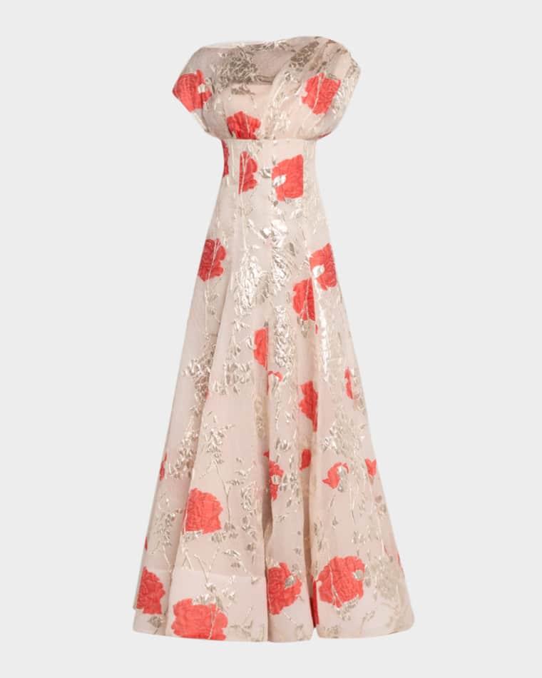 Metallic Floral Fil Coupe Cap-Sleeve Gown by LELA ROSE