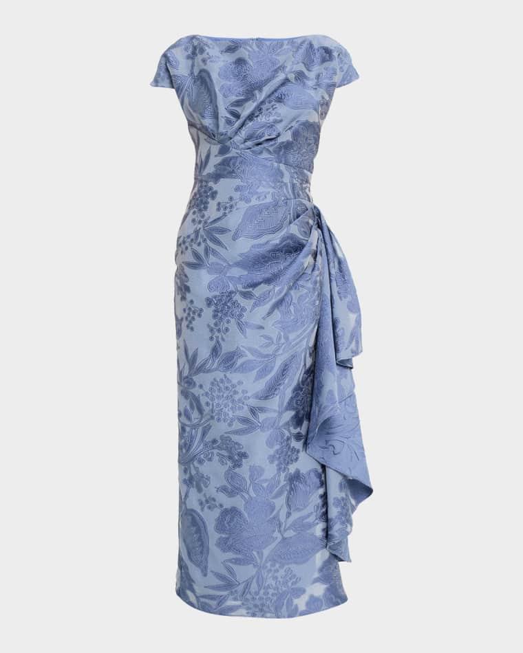 Metallic Floral Fil Coupe Draped V-Neck Midi Dress by LELA ROSE