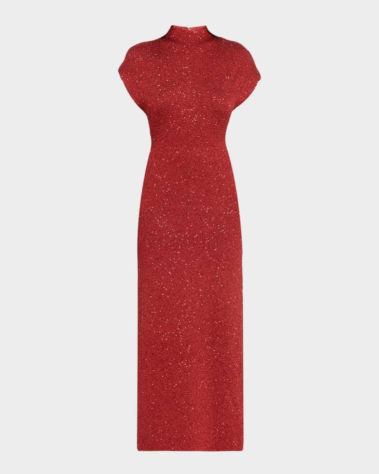 Mock-Neck Sequin Knit Ankle Dress by LELA ROSE