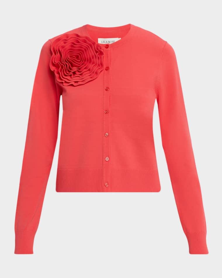 Rose Detail Knit Crewneck Cardigan by LELA ROSE