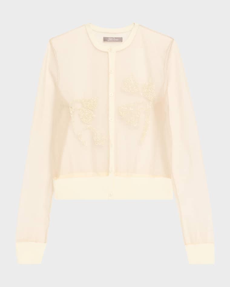 Tulip Beaded Sheer Crewneck Cardigan by LELA ROSE