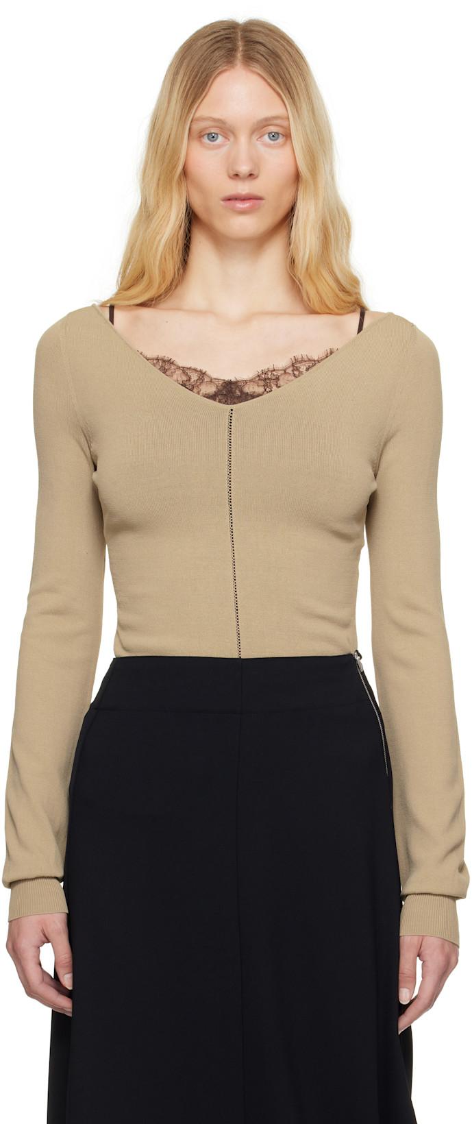Beige Wide V-Neck Top by LEMAIRE