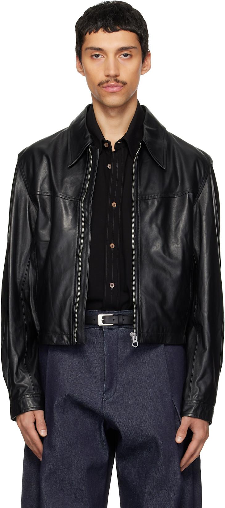 Black Leather Biker Jacket by LEMAIRE