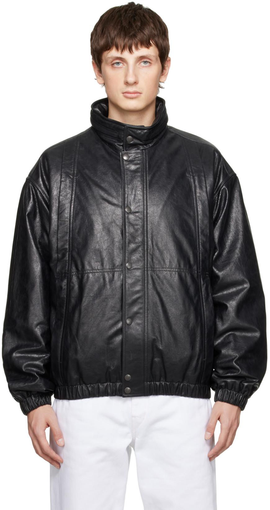 Black Paneled Leather Jacket by LEMAIRE