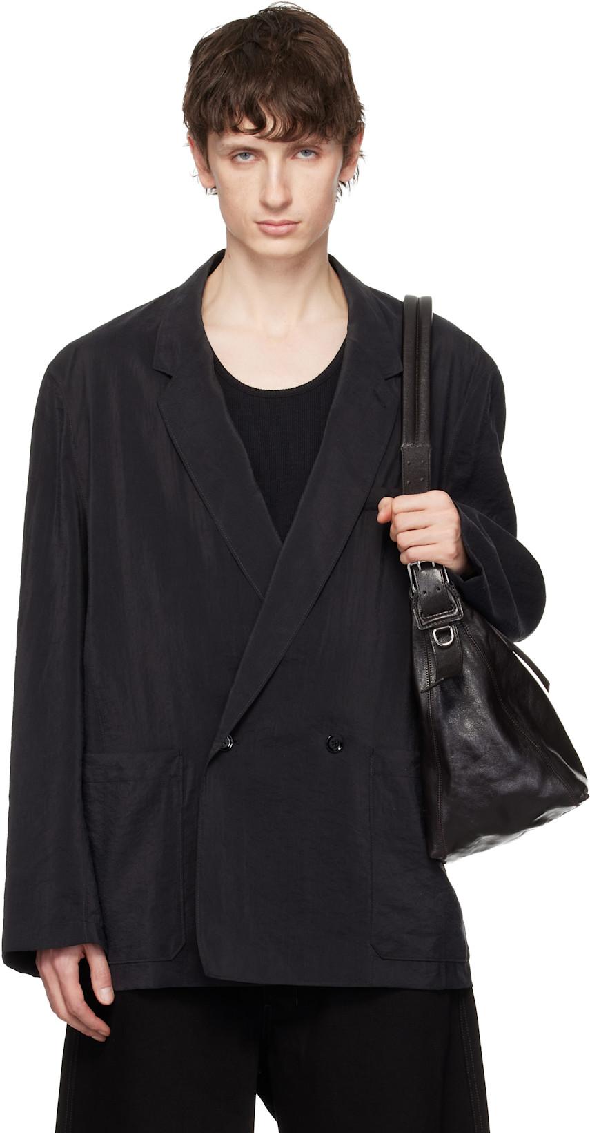 Black Soft Double Breasted Dry Silk Blazer by LEMAIRE