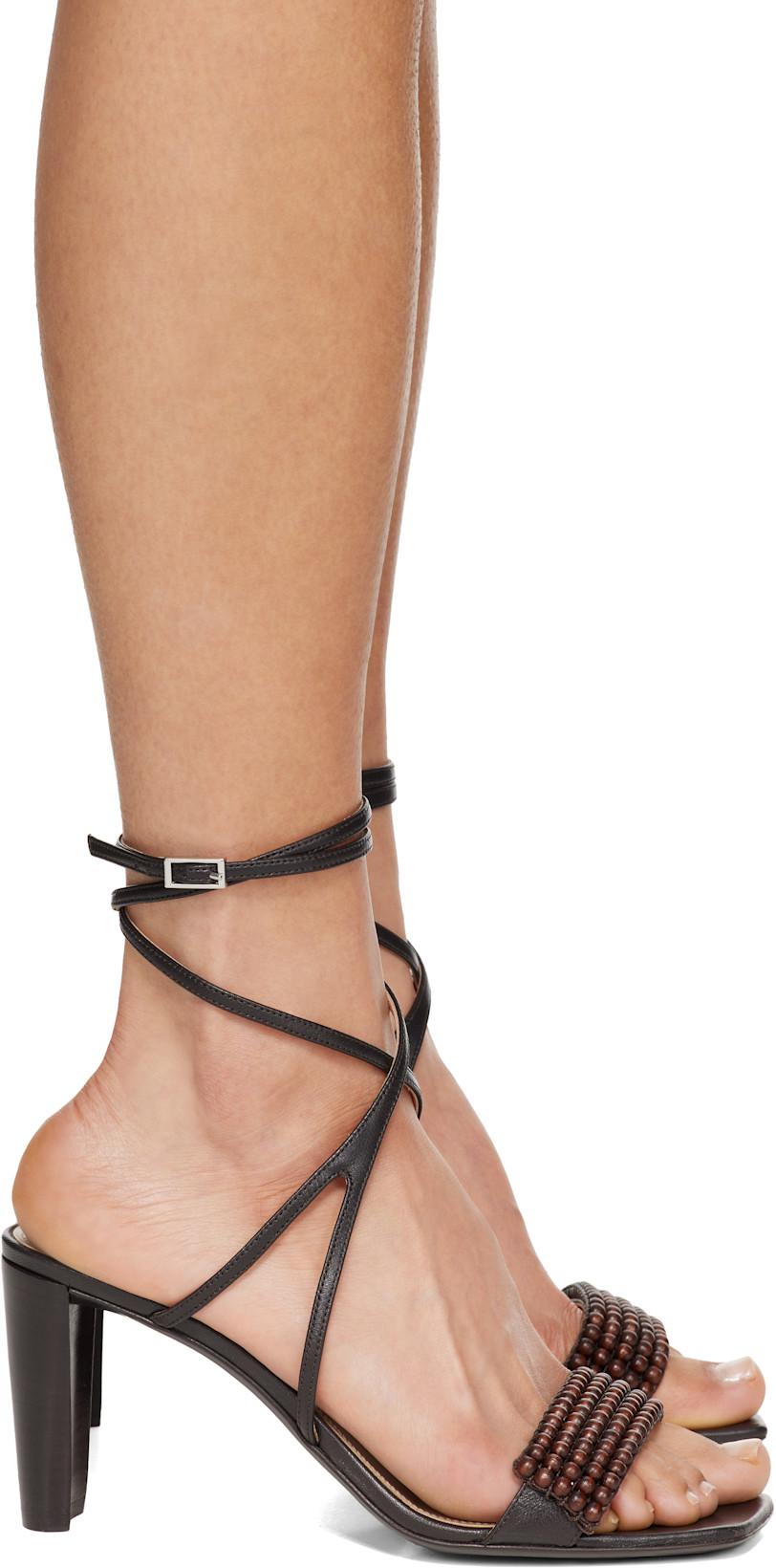 Brown Beads Cross 80MM Heeled Sandals by LEMAIRE