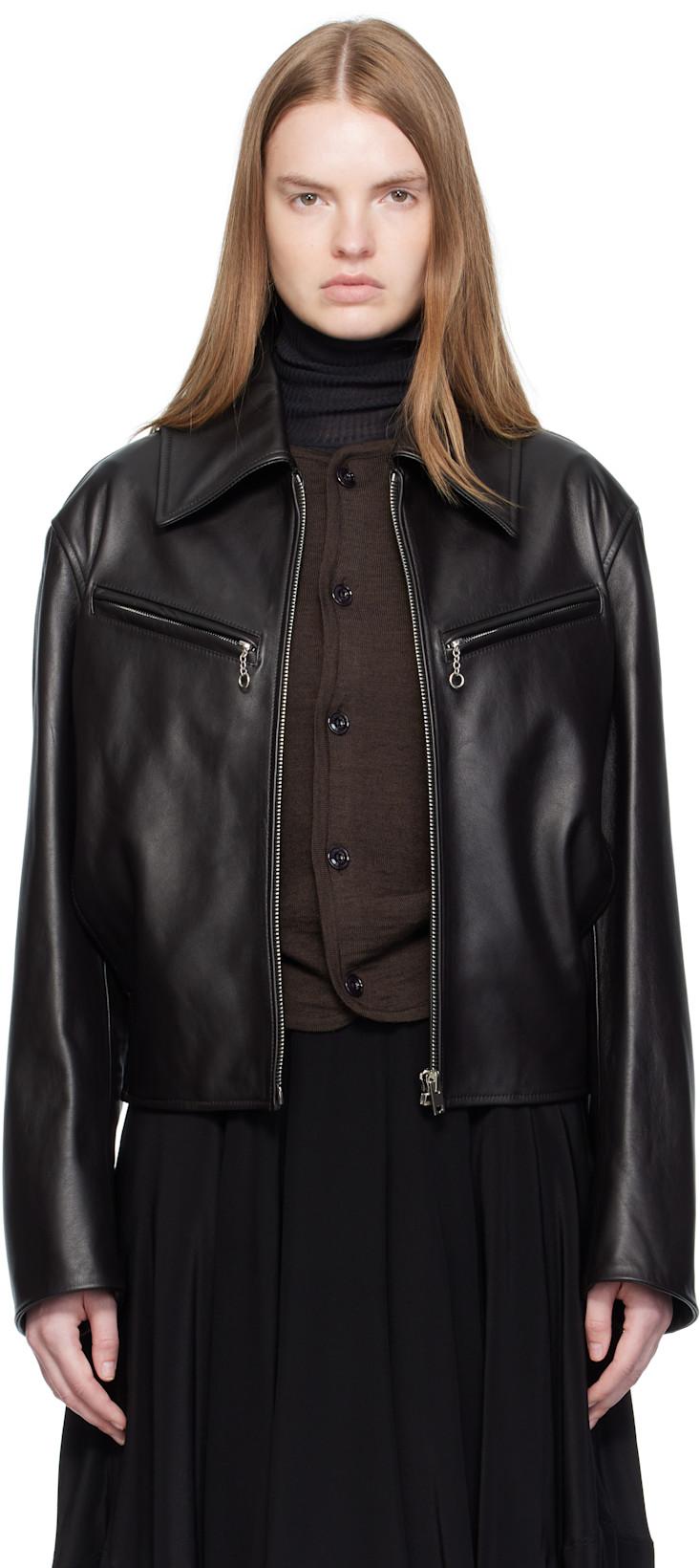 Brown Boxy Leather Blouson Jacket by LEMAIRE