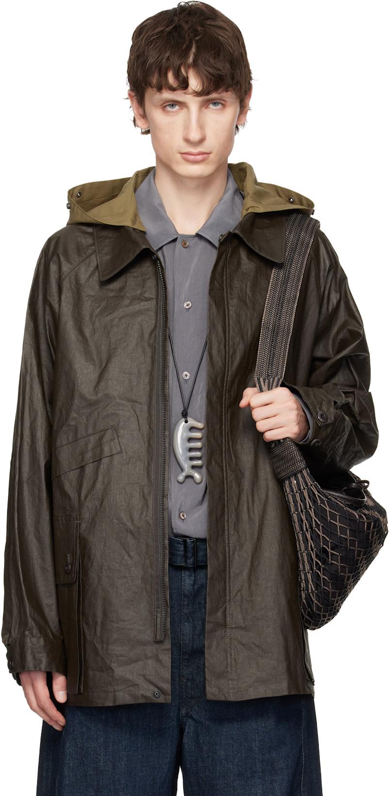 Brown Detachable Hood Coated Technical Linen Rain Jacket by LEMAIRE