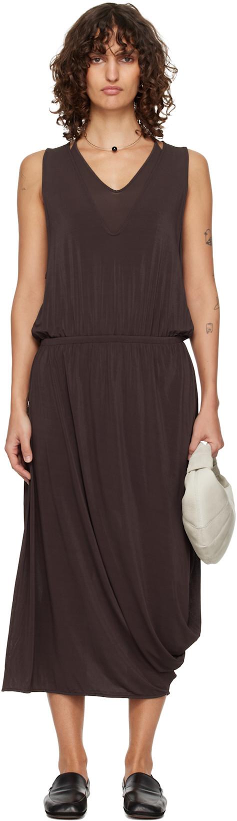 Brown Double Layer Drape Midi Dress by LEMAIRE
