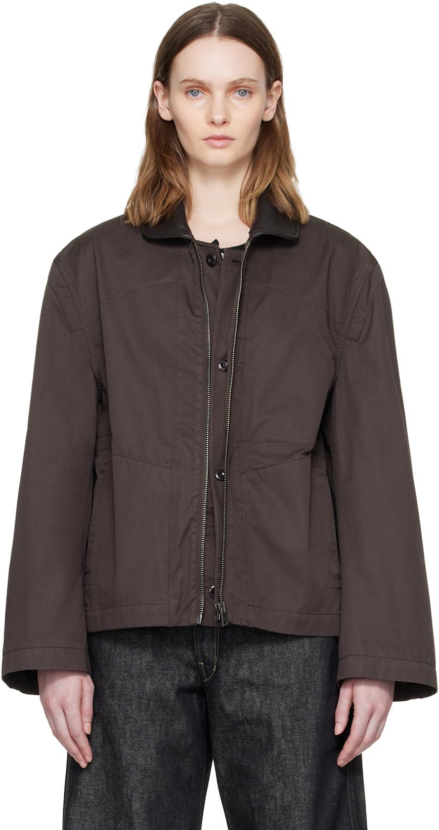 Brown Leather Collar Cotton Twill Blouson Jacket by LEMAIRE