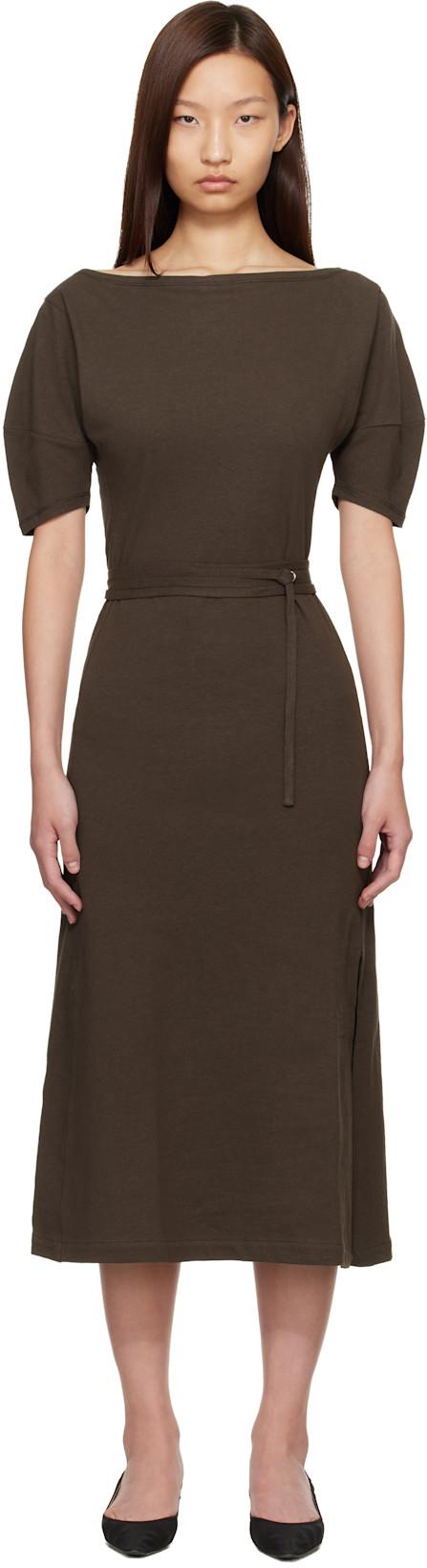 Brown Off Shoulder Midi Dress by LEMAIRE