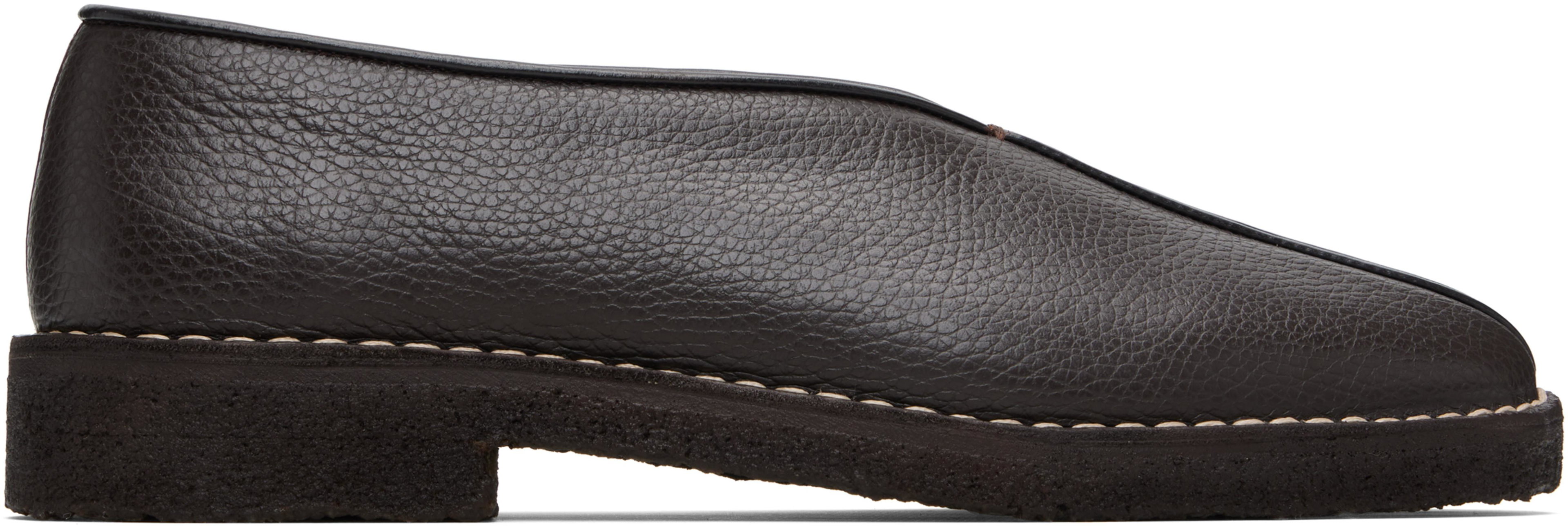 Brown Piped Crepe Slipper Loafers by LEMAIRE
