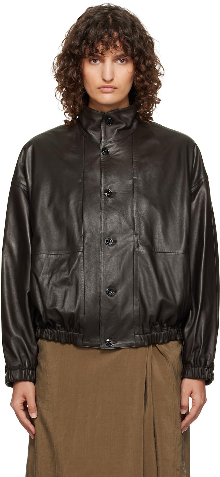 Brown Stand Collar Leather Jacket by LEMAIRE