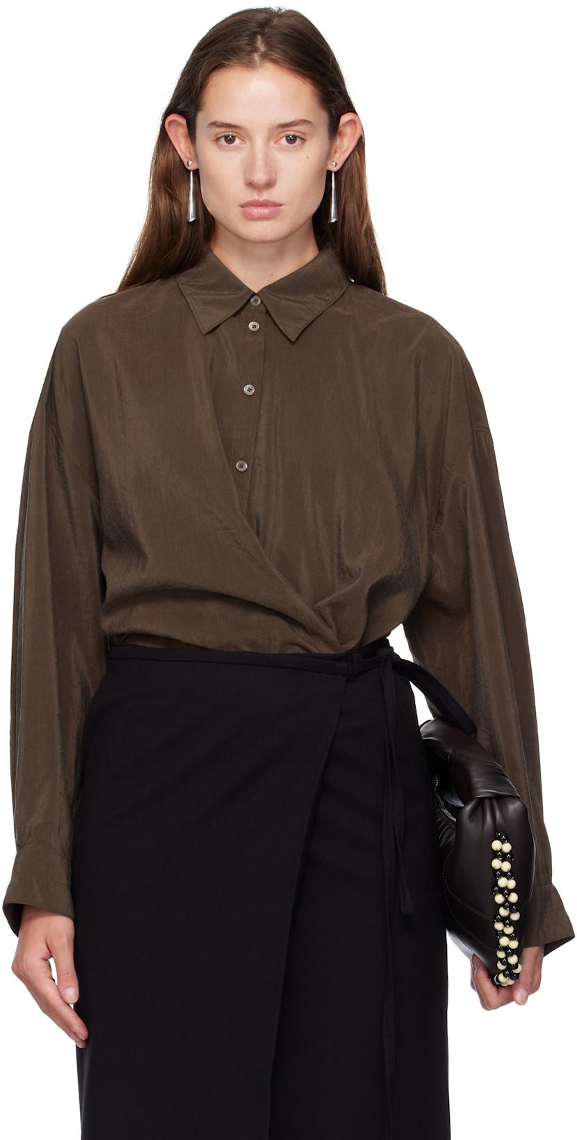 Brown Straight Collar Twisted Shirt by LEMAIRE