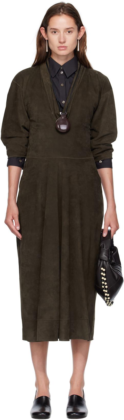 Khaki V-neck Nubuck Midi Dress by LEMAIRE