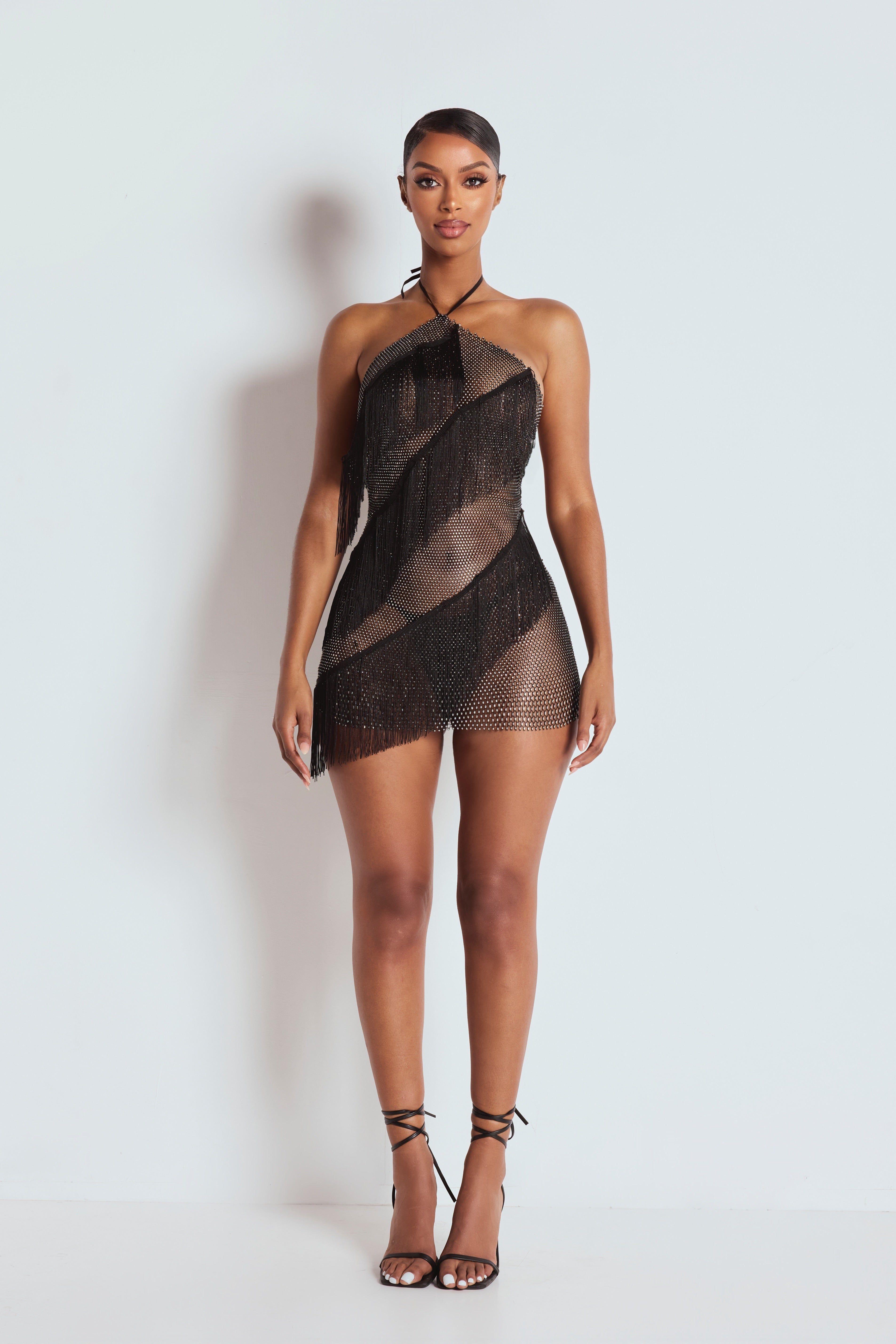 The Ciela Mesh Diamante Mini Dress by LEMONLUNAR