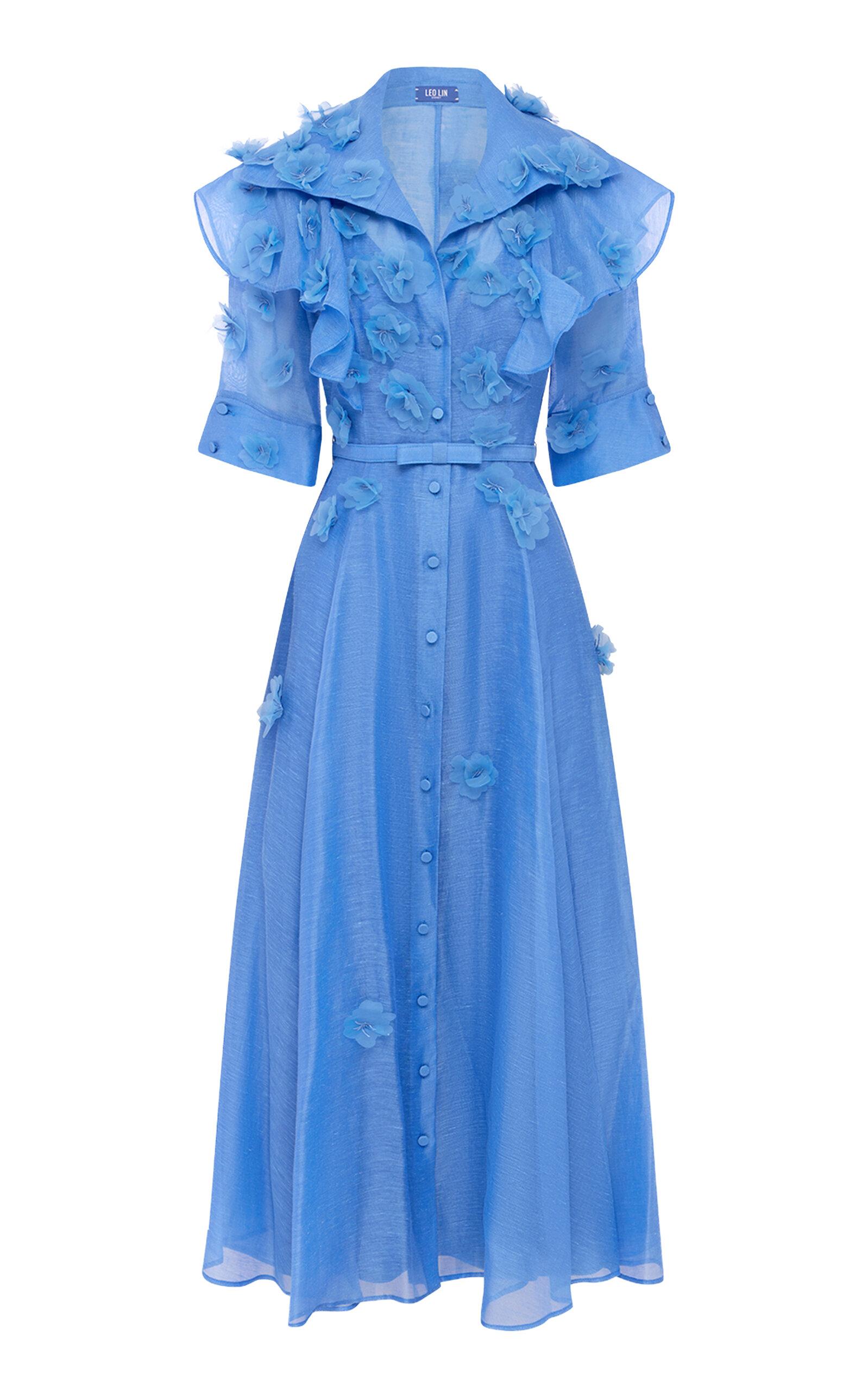 Leo Lin Anya Petal-Embellished Linen-Silk Button-Up Midi Dress - Moda Operandi by LEO LIN