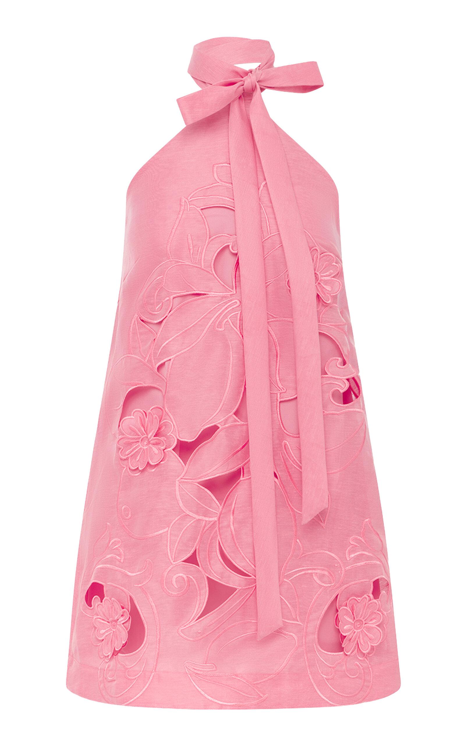 Leo Lin Lola Floral-Appliqued Linen-Blend Halter Mini Dress - Moda Operandi by LEO LIN
