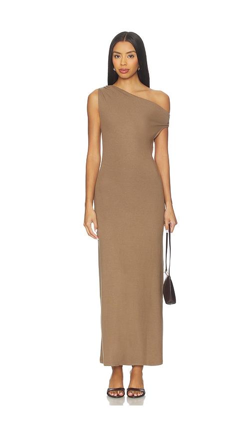 LESET Lauren Ruched Asymmetrical Shoulder Dress in Brown by LESET