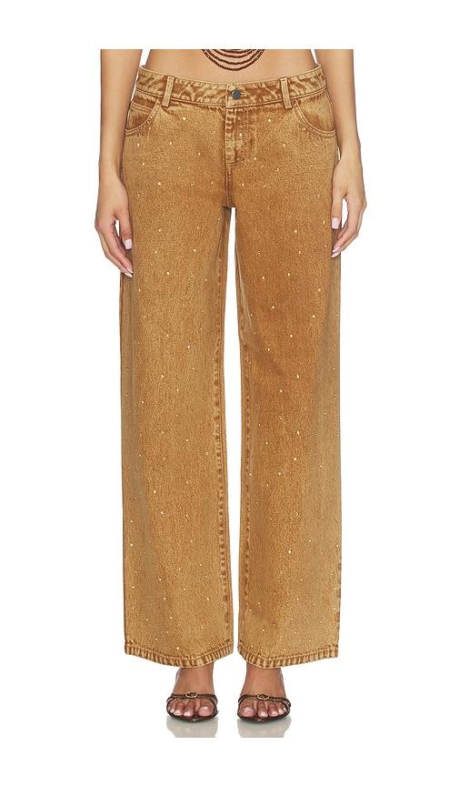 Leslie Amon x REVOLVE Denim Rhinestone Festival Pants in Brown by LESLIE AMON