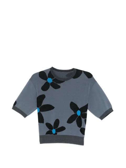 floral-embroidered crew neck T-shirt by LESS