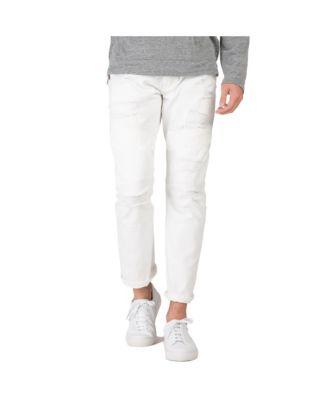 Men's Slim Straight Distressed Mended Premium Cargo White Jeans by LEVEL 7