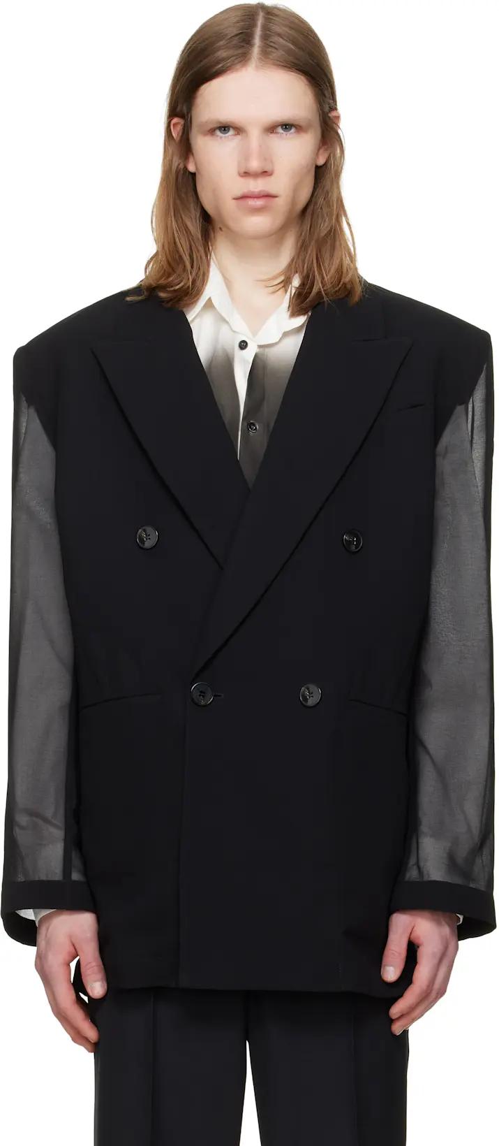 Black 4-Button Double-Breasted Sheer Blazer by LGN LOUIS GABRIEL NOUCHI