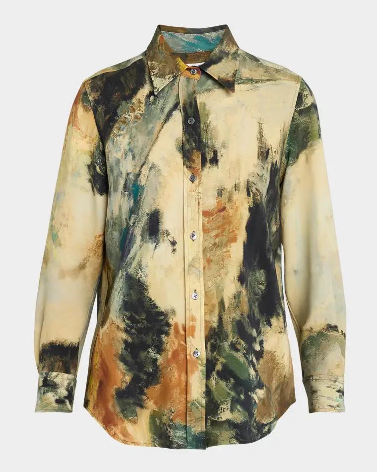 Modernist Landscape Silk Button-Down Shirt by LIBERTINE