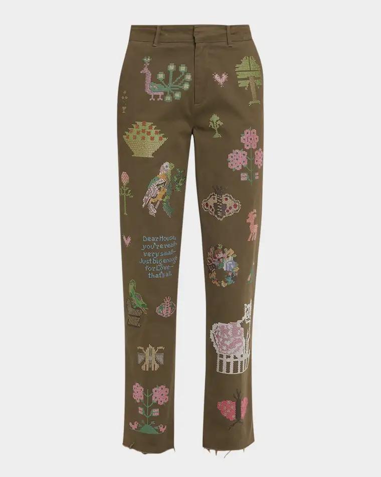 Needlepoint Embellished Slim-Leg Ankle Chino Pants by LIBERTINE