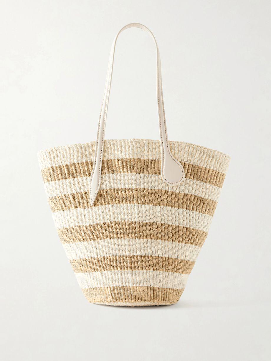 Striped leather-trimmed raffia tote bag by LIFFNER