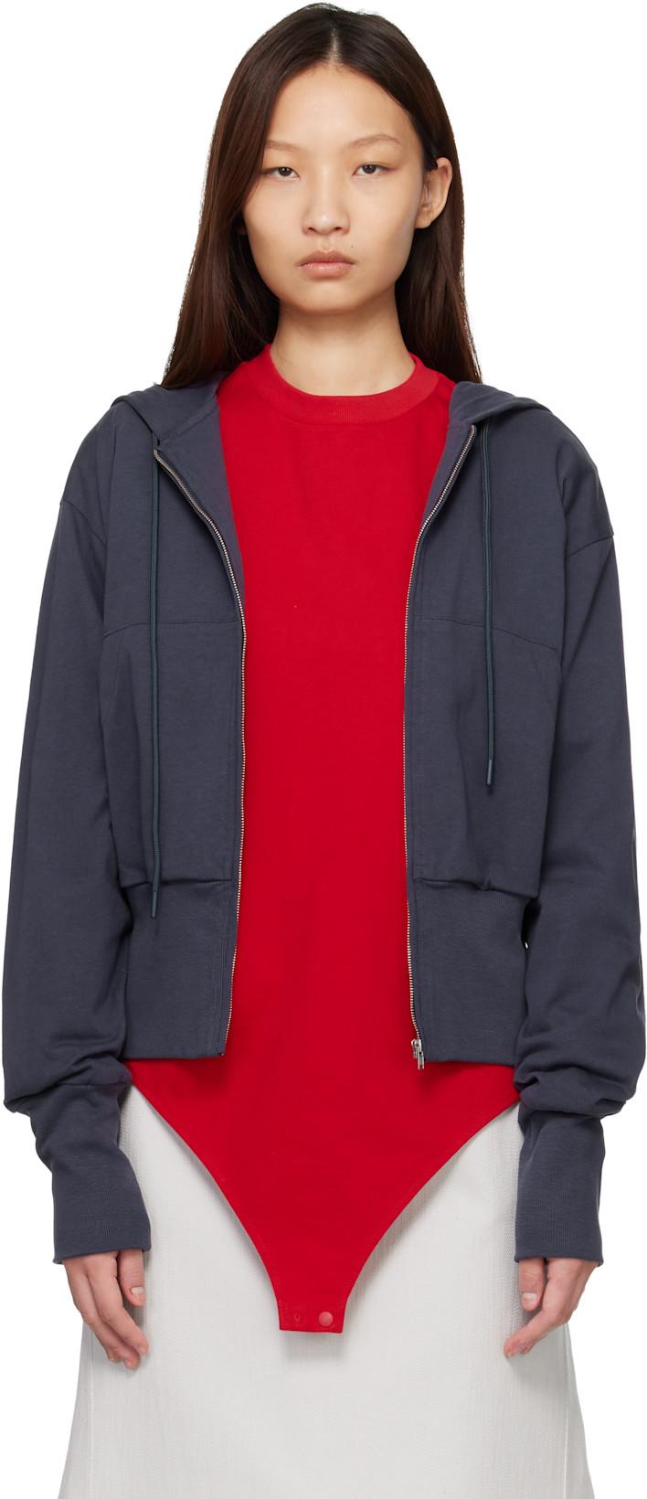 Navy Wide Band Zip-Up Hoodie by LII