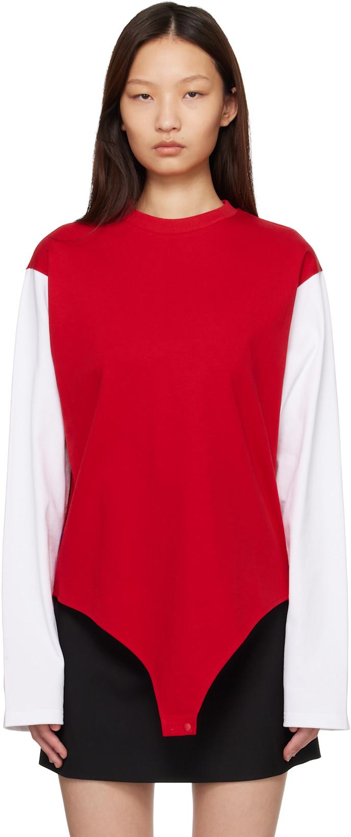 Red & White Contrast Long Sleeve Bodysuit by LII
