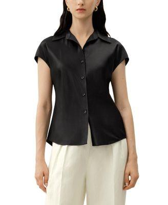 Bias Cut Cap-Sleeve Silk Shirt by LILYSILK