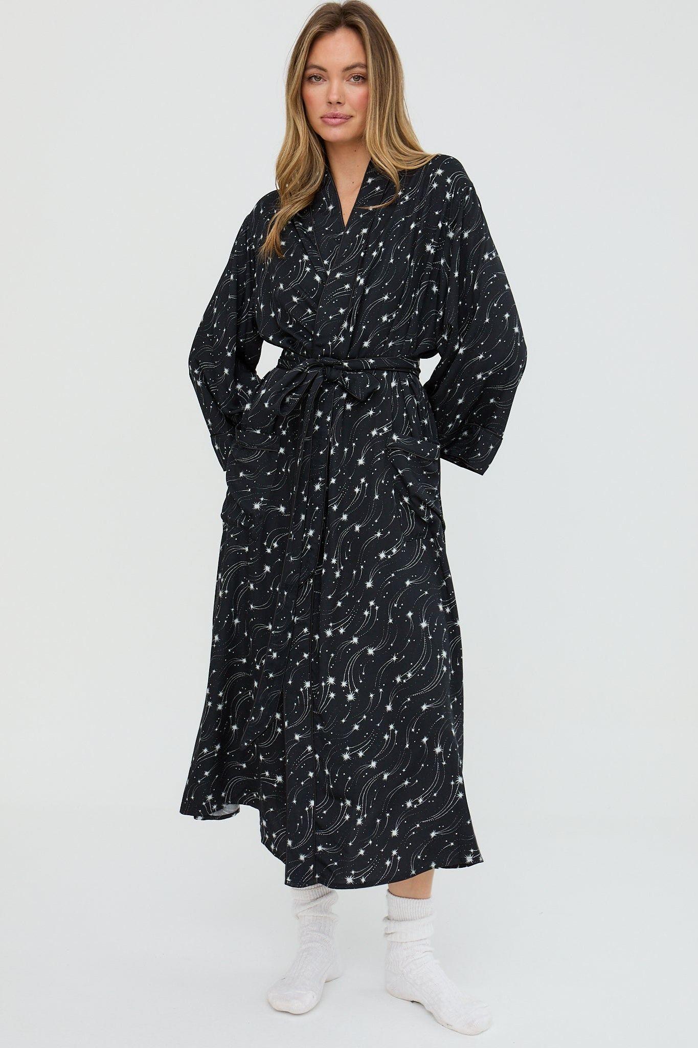 Corina Kimono Style Shooting Star Print Robe In Black by LILY&LIONEL