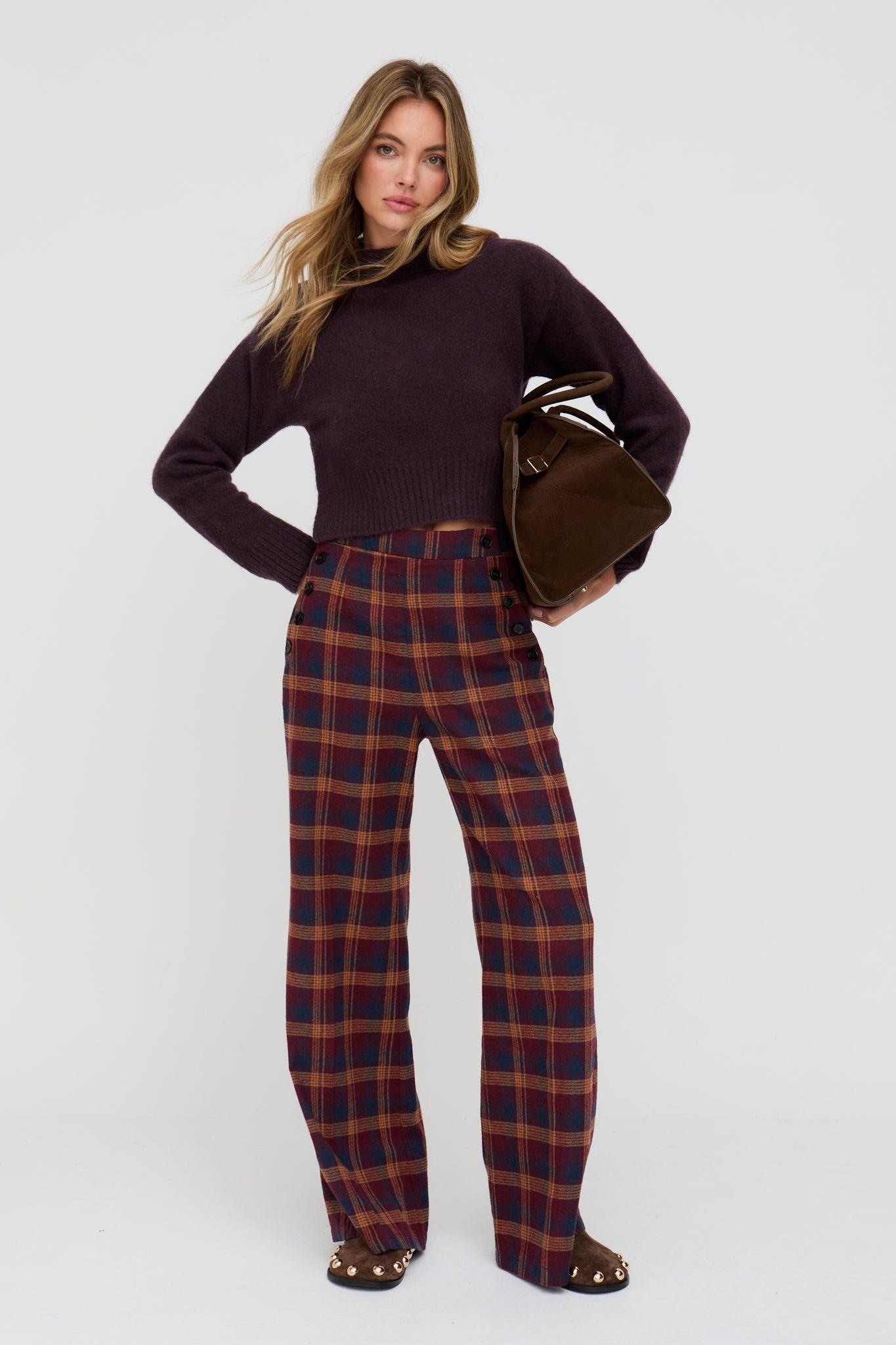 Damson High Waisted Tartan Print Trouser In Burgundy by LILY&LIONEL