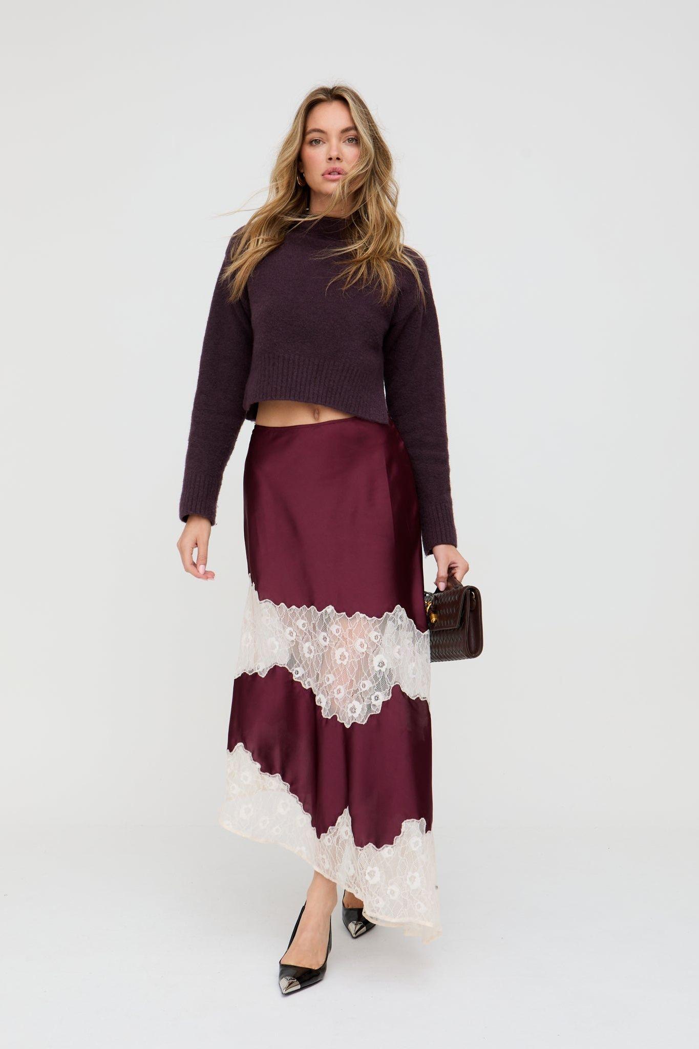 Elenor Lace Insert Midi Skirt In Burgundy by LILY&LIONEL