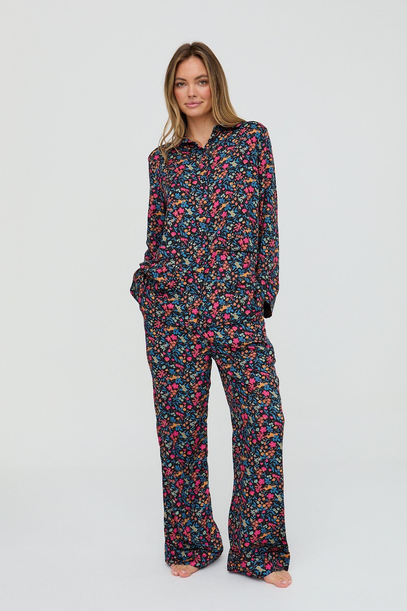 Evie Long Sleeve Deep Moon Floral Print Pyjama Set In Black by LILY&LIONEL