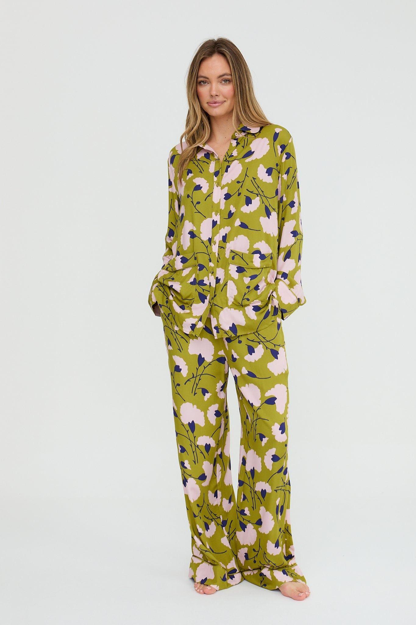 Evie Long Sleeve Floral Print Pyjama Set In Green by LILY&LIONEL