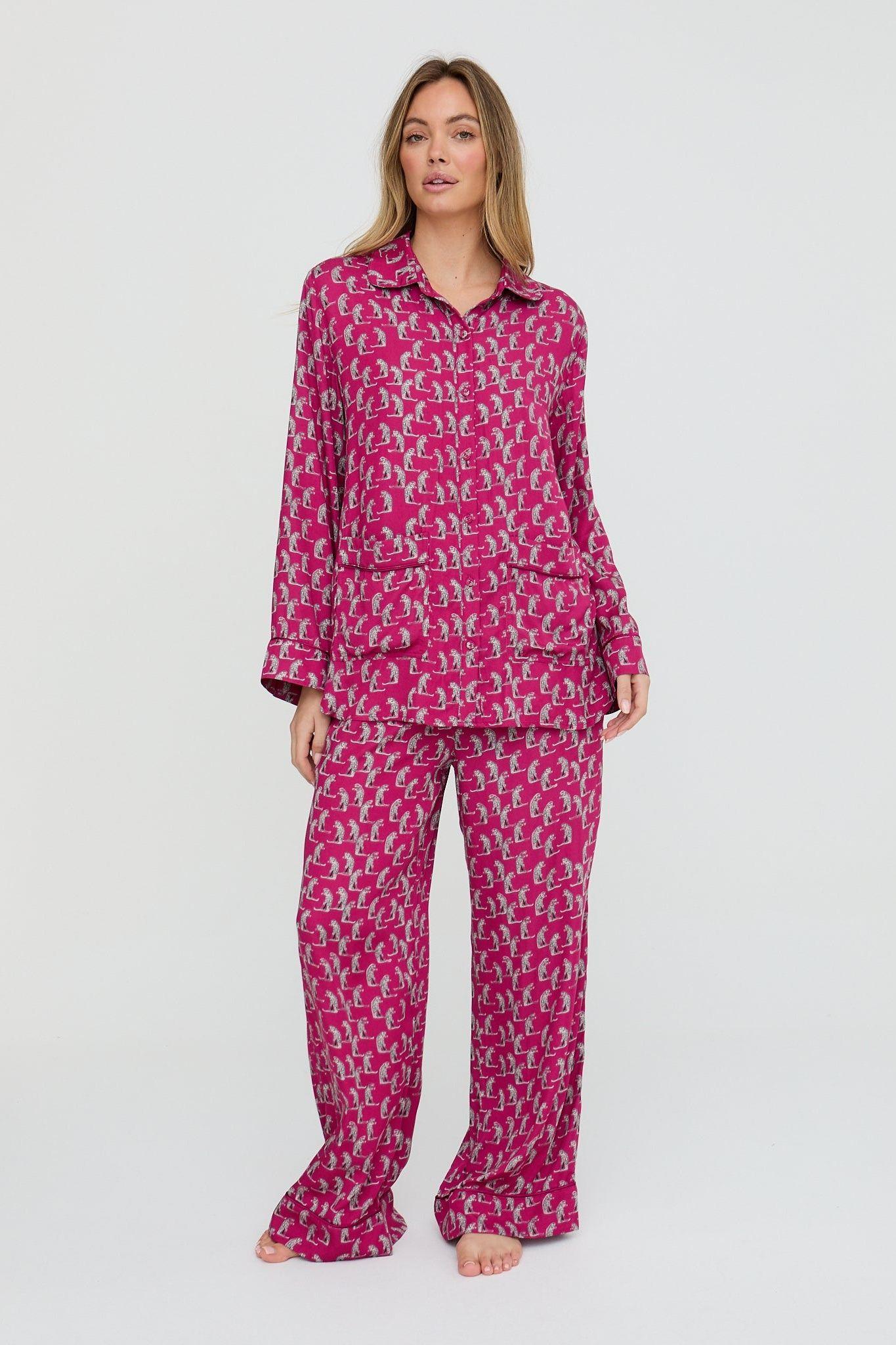 Evie Long Sleeve Leopard Print Pyjama Set In Pink by LILY&LIONEL
