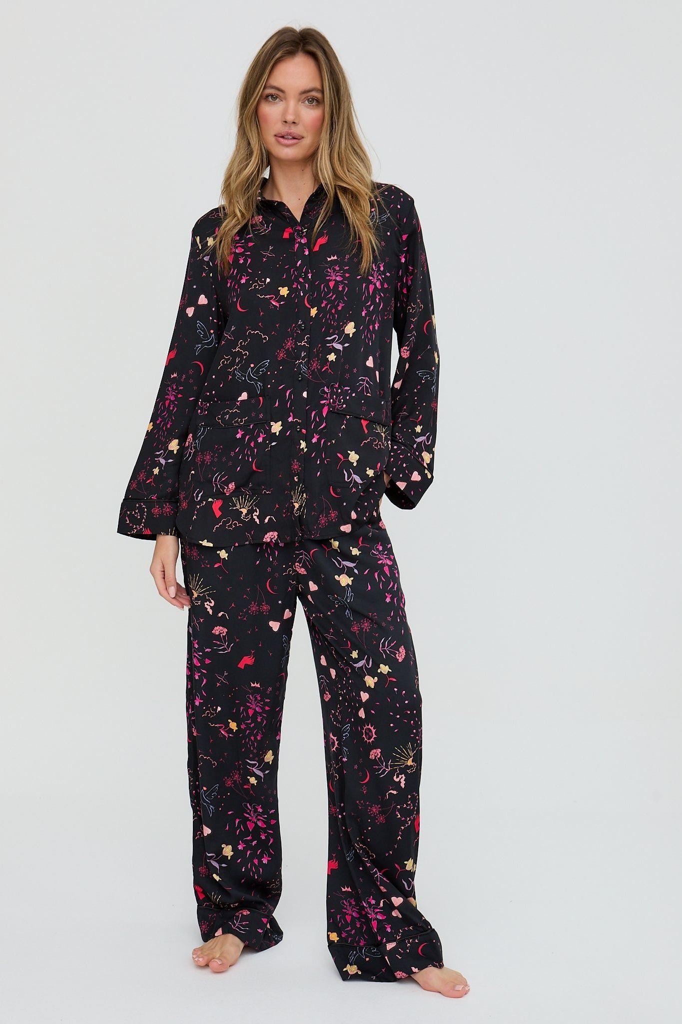 Evie Long Sleeve Love Letter Print Pyjama Set In Black by LILY&LIONEL
