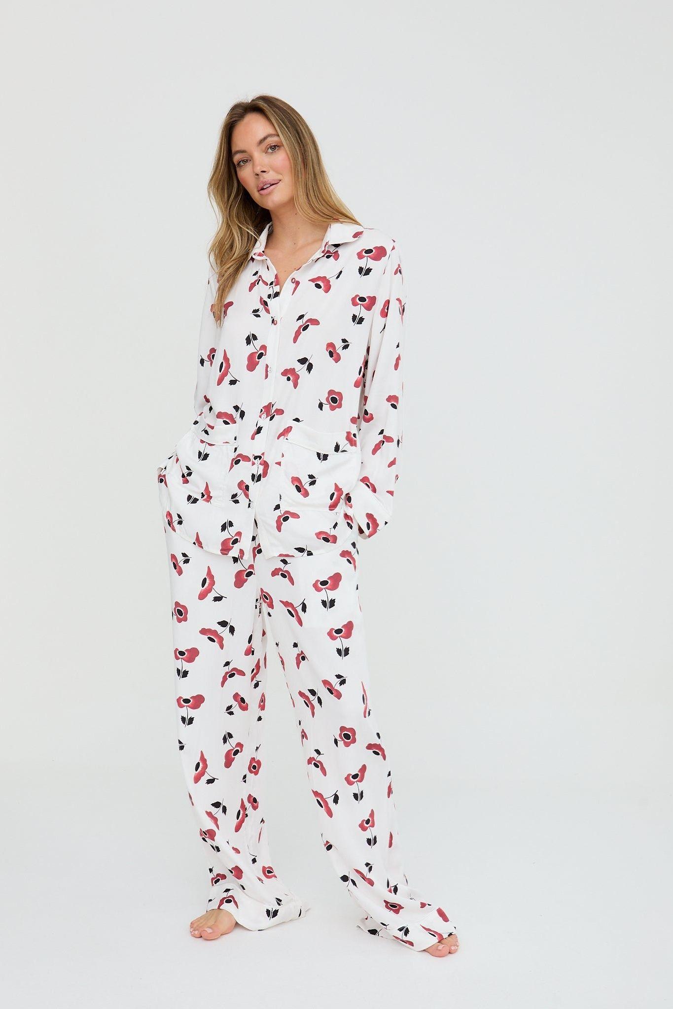 Evie Long Sleeve Poppy Print Pyjama Set In Cream by LILY&LIONEL