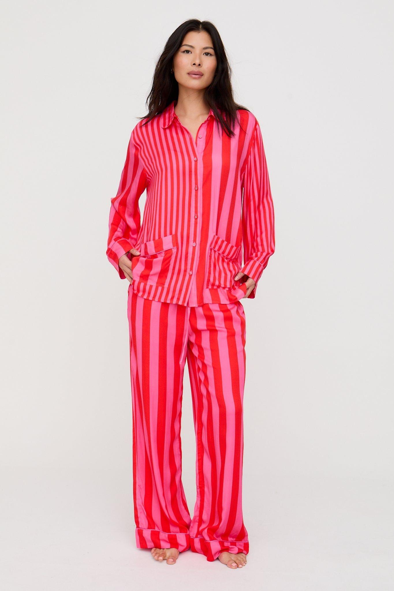 Evie Long Sleeve Stripe Print Pyjama Set In Pink by LILY&LIONEL